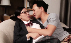 Nerdy oriental ladyboy gets barebacked by guy