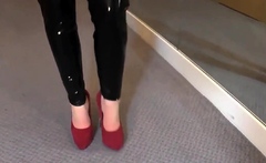 Sexy Latex Liquid Leggings with Red Stilettos Fetish