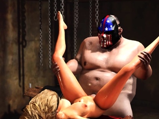 Hardcore in basement. Fat man fucks hard a sexy blonde slave