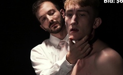 Hairy auctioneer barebacks a cute boy while selling him