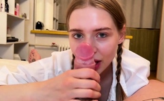 Cute girl with pigtails and suspenders sucks well