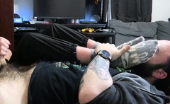 Light femdom and foot fetish play with brunette