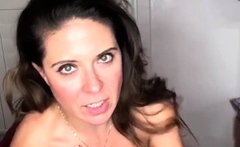 Busty curly brunette with big boobs fucks on couch